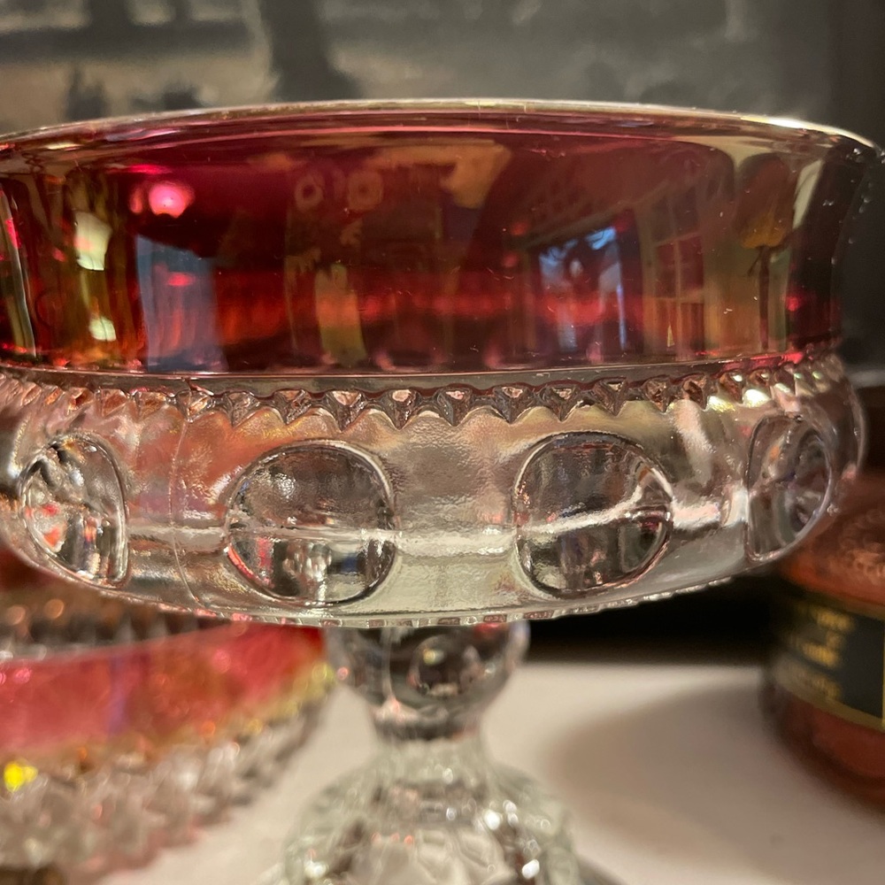 Vintage Indiana Glass Kings Crown Thumbprint Ruby Flash Glass Pedestal Compote - Picture 4 of 5